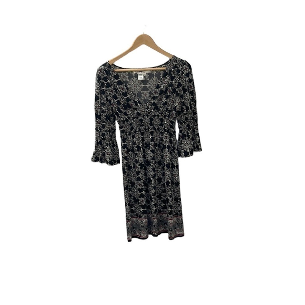 Max Studio patterned midi dress with ruched midline and bell sleeves, Medium